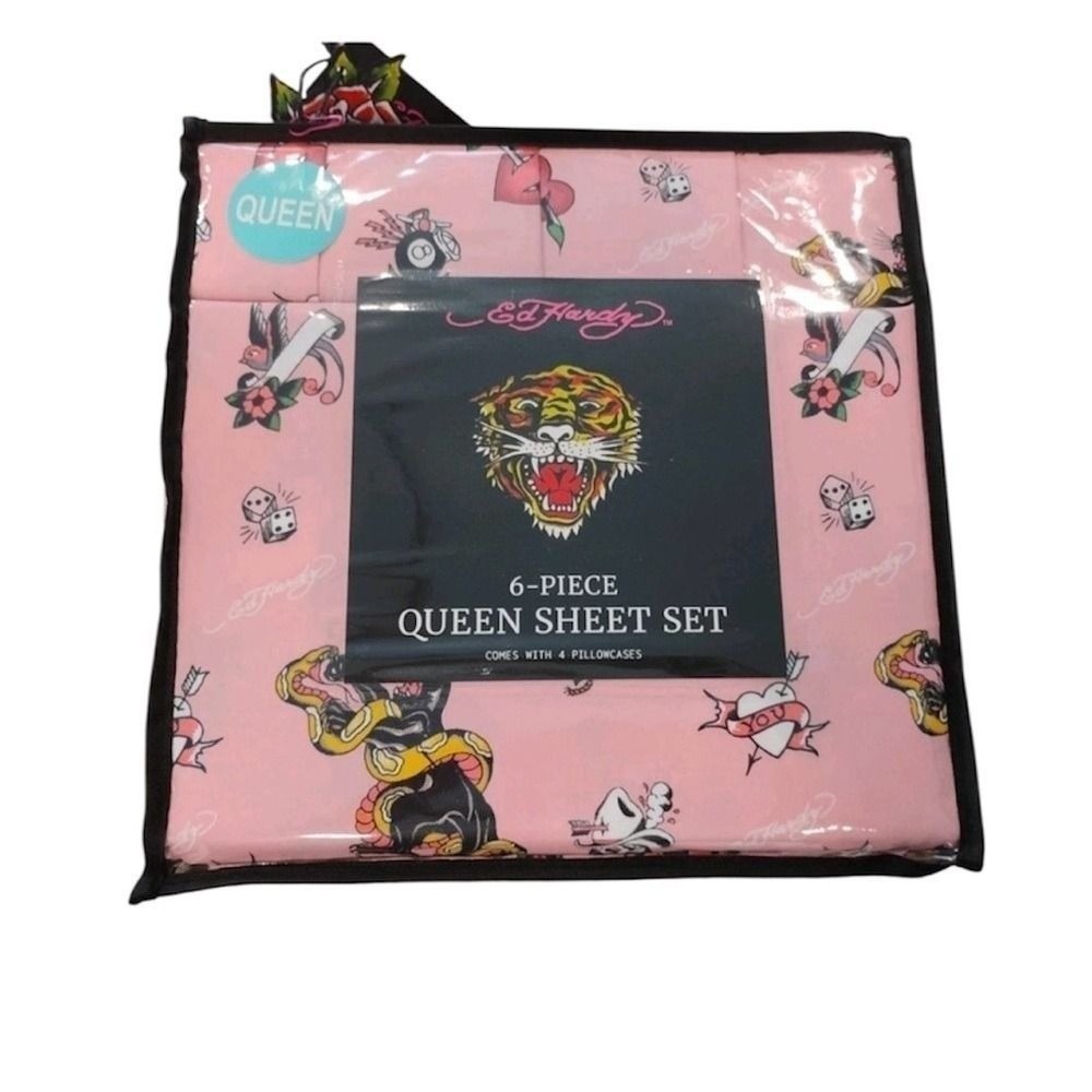 Ed Hardy 6-Piece Pink QUEEN Sheet Set Black TigerHearts w/4 Pillowcases *NEW*